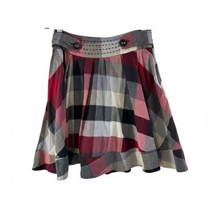 Plaid High Waist Pleated Skirt Red Black White Size M